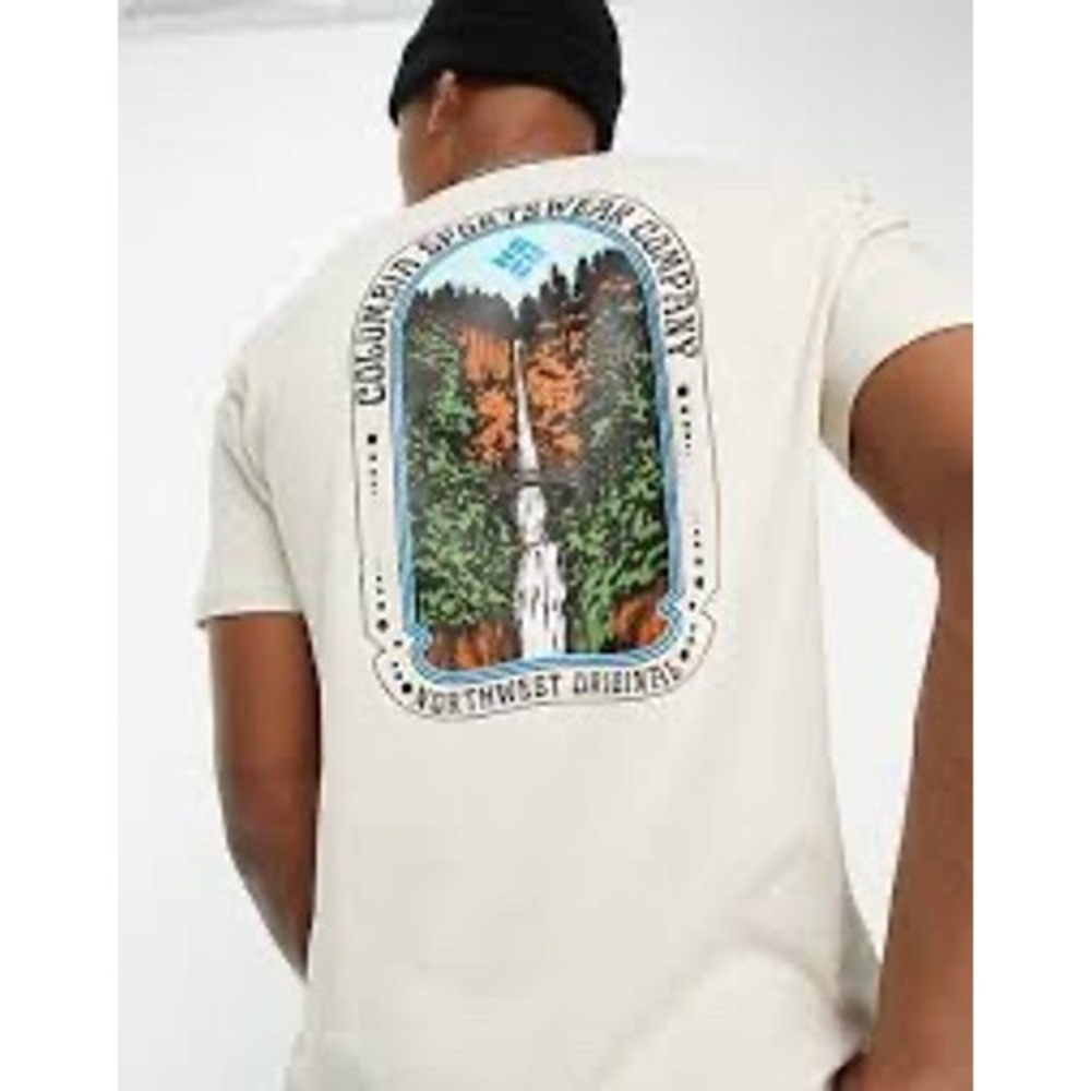 Columbia Sportswear Mens Large Graphic T-Shirt Beige Waterfall Northwest - Picture 1 of 6